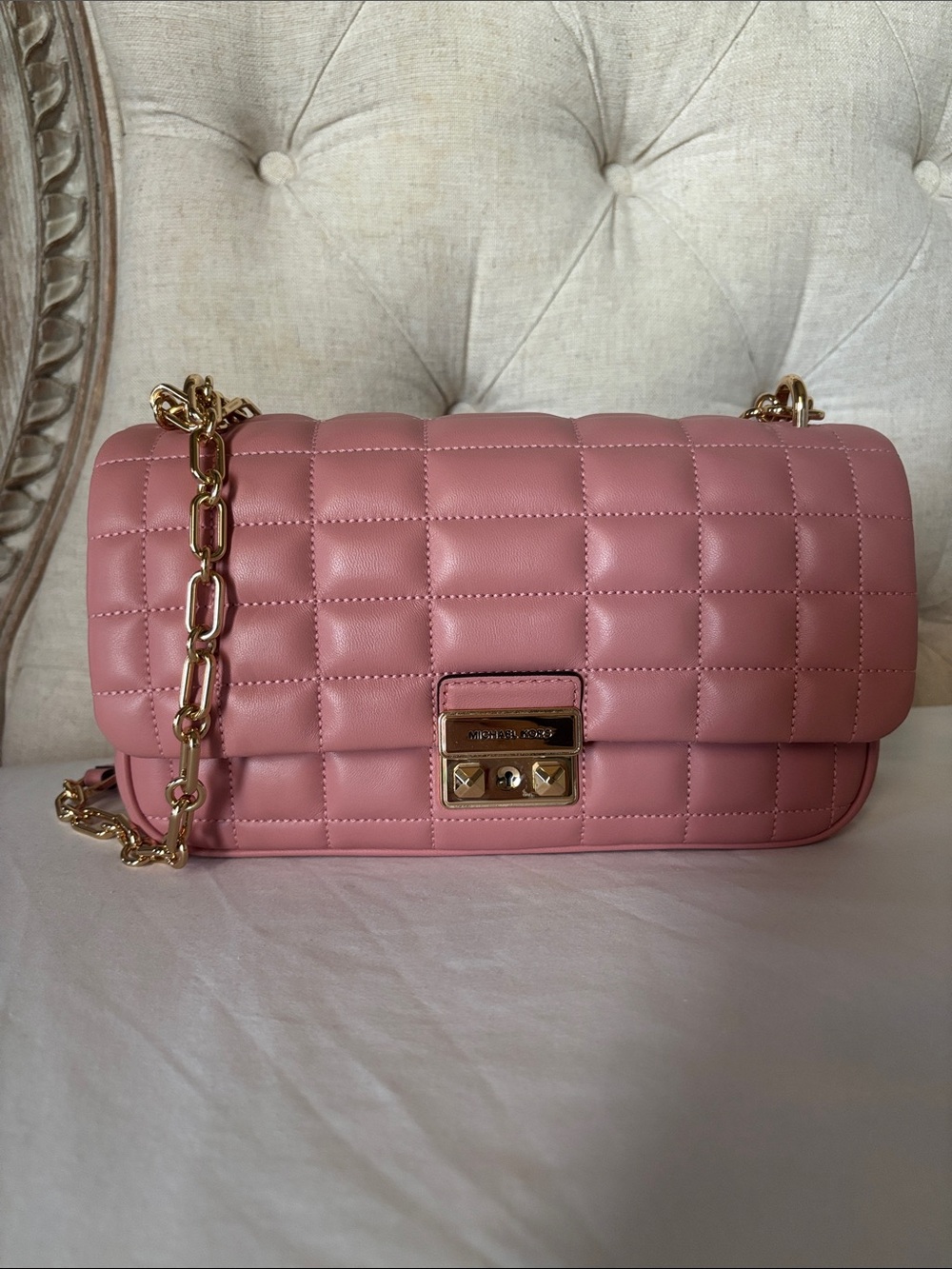Michael Kors Quilted Rose Pink Leather Shoulder Bag with Gold Chain